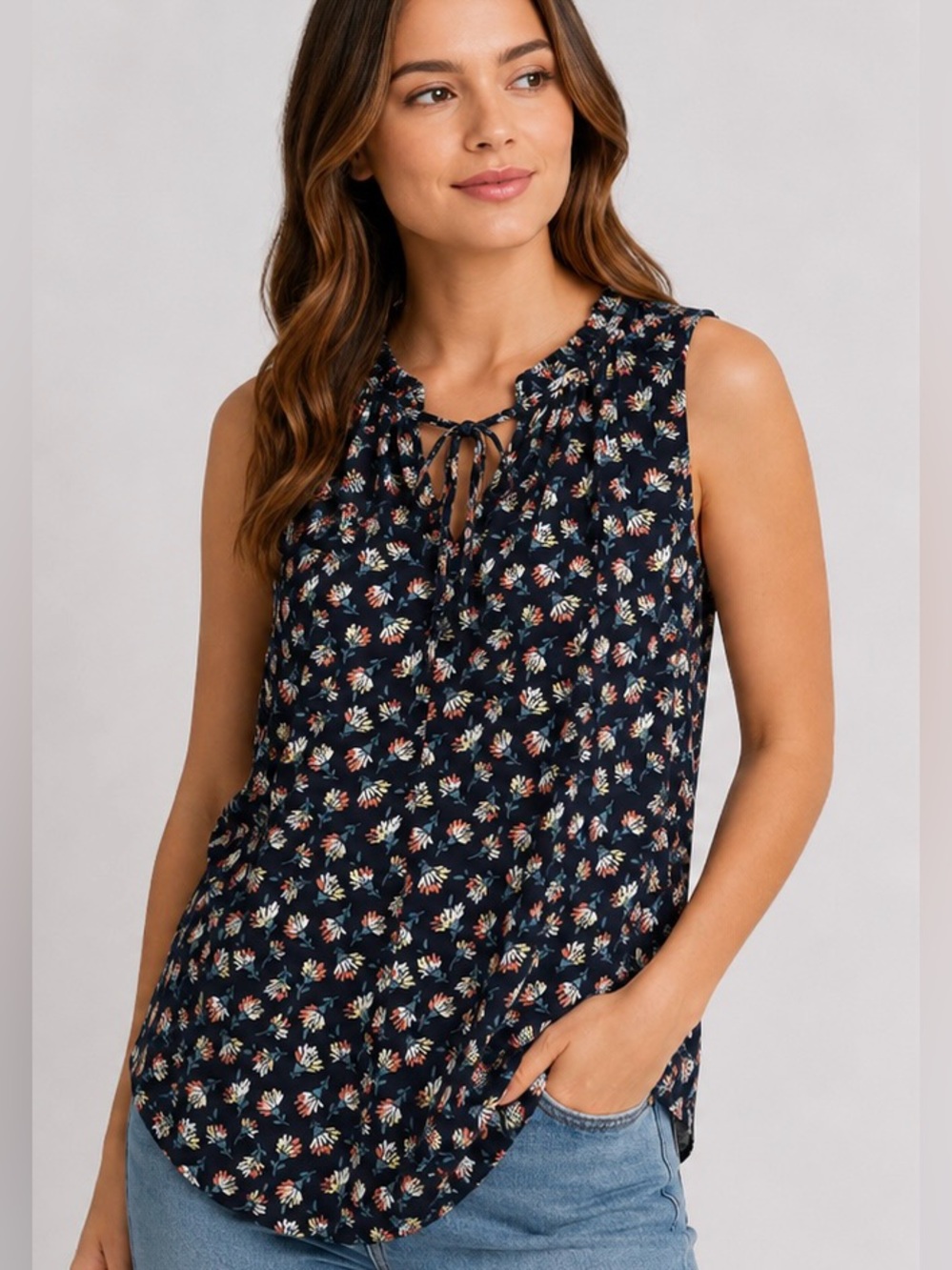 LOFT Navy Floral Tie-Front Sleeveless Blouse Size S